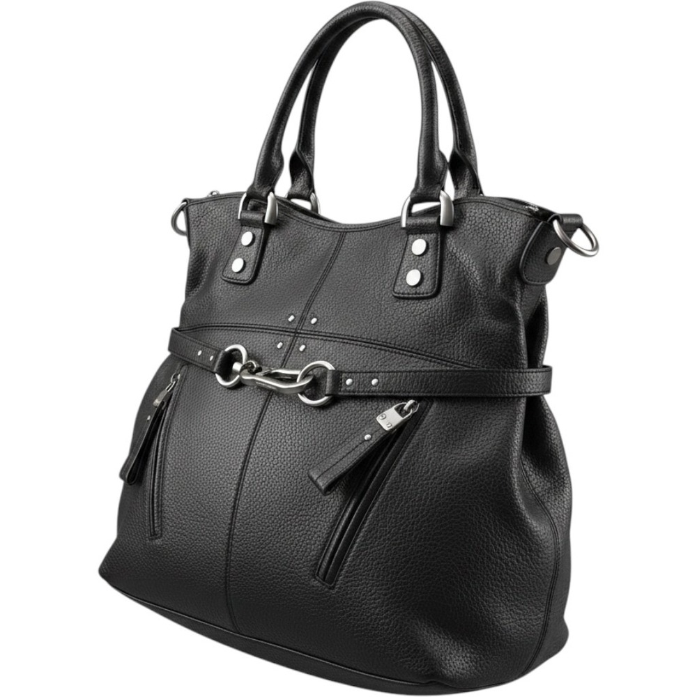 B. Makowsky Black Pebbled Leather Satchel Handbag Silver Hardware Leopard Lining